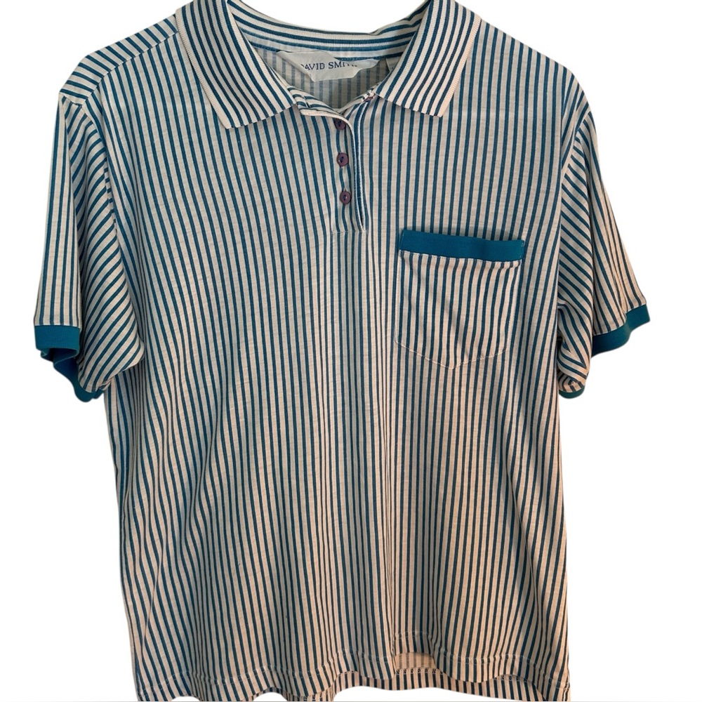 David Smith Blue and White Striped Collared Polo Shirt Women’s Size Large
